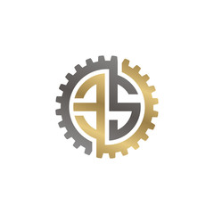 Initial letter E and S, ES, interlock cogwheel gear logo, black gold on white background