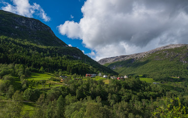 Fototapeta na wymiar Beautiful view on Naeroydalen Valley and Peaks On Stalheim, Voss Norway. July 2019