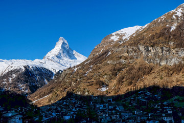 Beautiful view sunrise time with Matterhorn peak background in Zermatt, Switzerland.