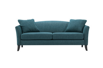 Blue fabric sofa with pillows, isolated on white background with clipping path.