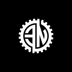 Initial letter E and N, EN, interlock cogwheel gear monogram logo, white color on black background