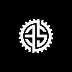 Initial letter E and S, ES, interlock cogwheel gear monogram logo, white color on black background