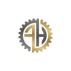 Initial letter F and H, FH, interlock cogwheel gear logo, black gold on white background