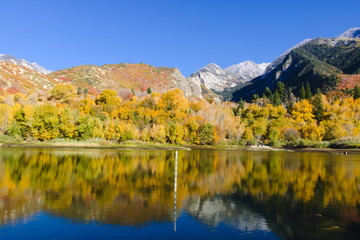 Wasatch Mountains reflected in the lower Bells Canyon Reservoir near Sandy, Utah