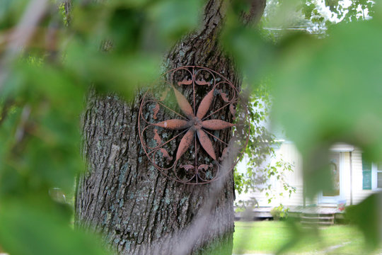 Through Leaves - Large Tree Trunk with Metal Art Piece