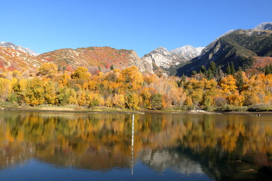 Snowcapped Wasatch range reflects in the waters of Bells Canyon Reservoir near Sandy, Utah © Salil