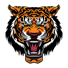 The head of a roaring tiger. Predatory grin.