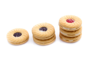 Jam sandwich biscuit from above isolated on white