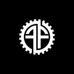 Initial letter F and F, FF, interlock cogwheel gear monogram logo, white color on black background