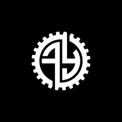 Initial letter F and Y, FY, interlock cogwheel gear monogram logo, white color on black background