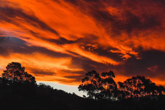 red sunset over hills and gum trees