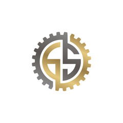 Initial letter G and S, GS, interlock cogwheel gear logo, black gold on white background