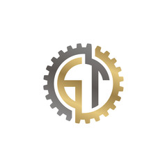 Initial letter G and T, GT, interlock cogwheel gear logo, black gold on white background