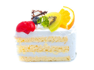 cake with cream and cherry orange blueberry isolated on white background