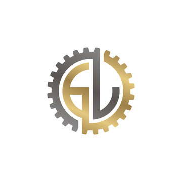 Initial letter G and L, GL, interlock cogwheel gear logo, black gold on white background