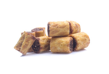 sweet dessert chocolate biscuit roll isolated on white background