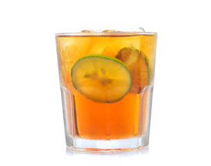 glass of iced tea with lemons  isolated on a white background