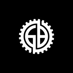Initial letter G and B, GB, interlock cogwheel gear monogram logo, white color on black background