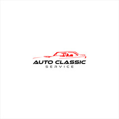 Silhouette and lines of classic cars with red color for auto service , auto club logo design