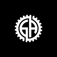 Initial letter G and A, GA, interlock cogwheel gear monogram logo, white color on black background