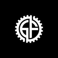 Initial letter G and F, GF, interlock cogwheel gear monogram logo, white color on black background