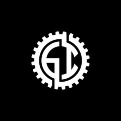 Initial letter G and I, GI, interlock cogwheel gear monogram logo, white color on black background