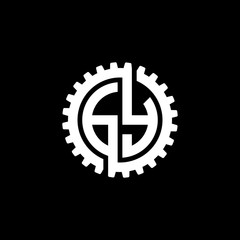 Initial letter G and Y, GY, interlock cogwheel gear monogram logo, white color on black background