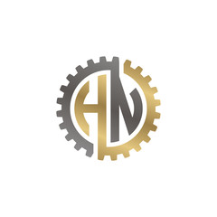 Initial letter H and N, HN, interlock cogwheel gear logo, black gold on white background