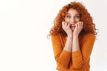 Excited cheerful attractive redhead woman curly haircut huge fan of singer attend breathtaking...