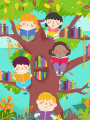 Kids Read Tree Library Illustration