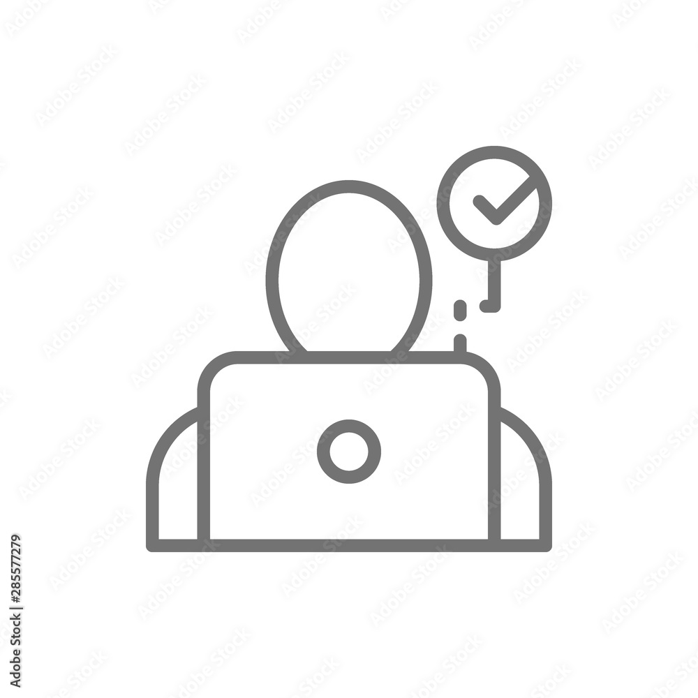 Poster face verification for laptop, face scans for notebook line icon.