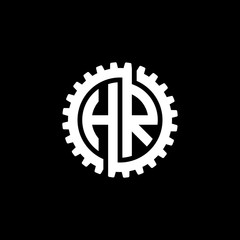 Initial letter H and R, HR, interlock cogwheel gear monogram logo, white color on black background