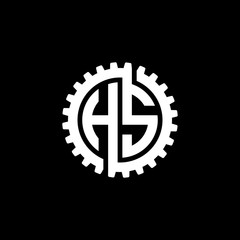 Initial letter H and S, HS, interlock cogwheel gear monogram logo, white color on black background