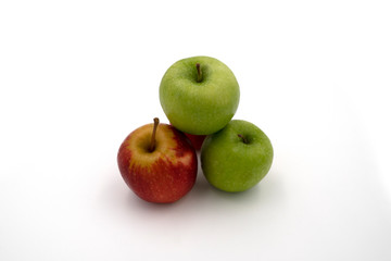 Fresh juicy group of red and green apples isolated on white background. Top view.