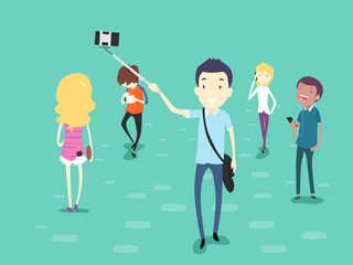 People Using Mobile Phone Walking Illustration