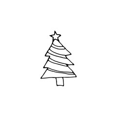 Fototapeta premium Single New Year and Christmas tree hand-drawn with star. Doodle Xmas illustration for posters, stickers, winter cards design. Isolate, EPS8 vector