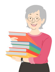 Senior Woman Books Librarian Illustration