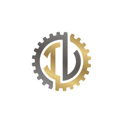 Initial letter I and U, I and V, IU, IV, interlock cogwheel gear logo, black gold on white background