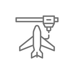 3d printing a toy airplane model, industrial printer line icon.