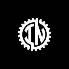 Initial letter I and N, IN, interlock cogwheel gear monogram logo, white color on black background