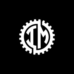 Initial letter I and M, IM, interlock cogwheel gear monogram logo, white color on black background