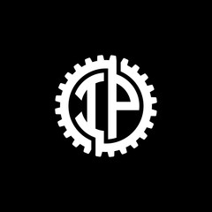 Initial letter I and P, IP, interlock cogwheel gear monogram logo, white color on black background