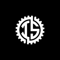 Initial letter I and S, IS, interlock cogwheel gear monogram logo, white color on black background