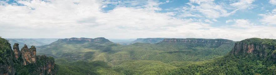 Photo sur Plexiglas Trois sœurs Panorama des Blue Mountains, Nouvelle-Galles du Sud, Australie. Destinations de voyage près de Sydney.