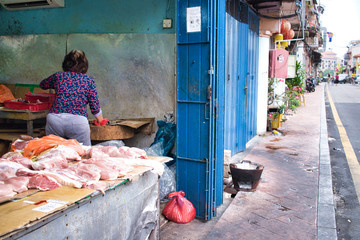 meat market in a small street, Malacca 