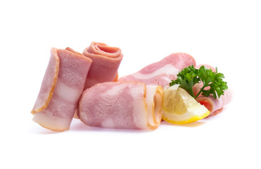 Fresh sliced bacon on white background