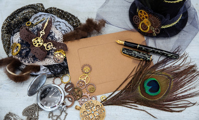 An empty vintage postcard for a close-up message, surrounded by women's jewelry, lace with fur and...