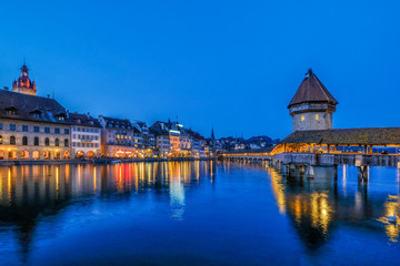 Nigth view of city center of Lucerne with famous Chapel Bridge and lake Lucerne (Vierwaldstatersee), Canton of Lucerne, Switzerland