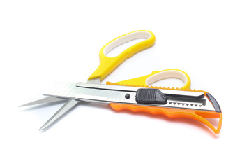 yellow scissors and cutter isolated on White Background