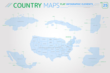 Honduras, Mexico, Cuba, United States, Belize and Guatemala Vector Maps